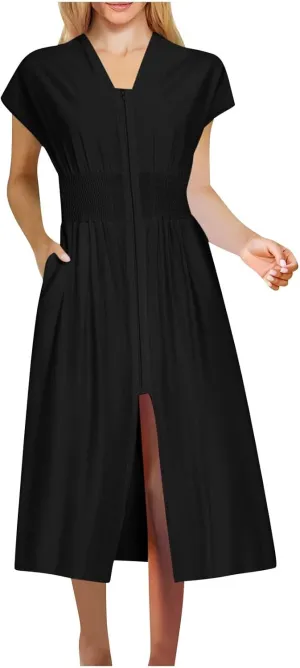 Casual Dresses for Women 2025 Summer Beach Sundress Cap Sleeve V Neck Zip Front Flowy Slit Midi Dress with Pocket
