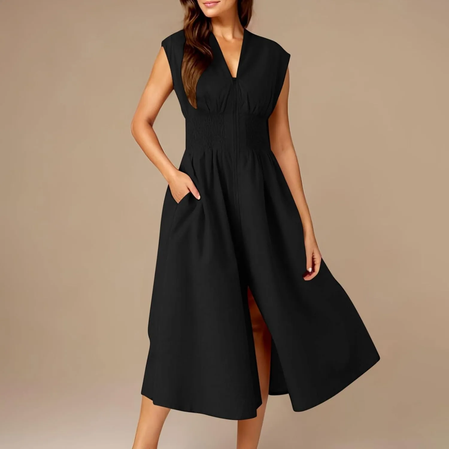 Casual Dresses for Women 2025 Summer Beach Sundress Cap Sleeve V Neck Zip Front Flowy Slit Midi Dress with Pocket