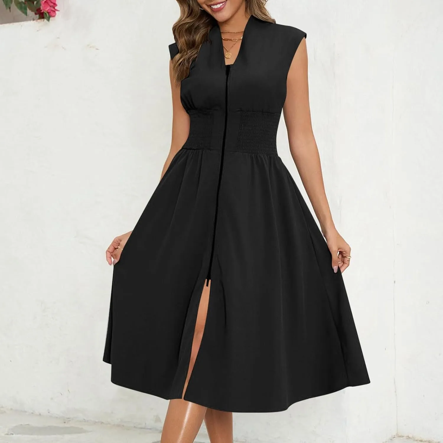 Casual Dresses for Women 2025 Summer Beach Sundress Cap Sleeve V Neck Zip Front Flowy Slit Midi Dress with Pocket