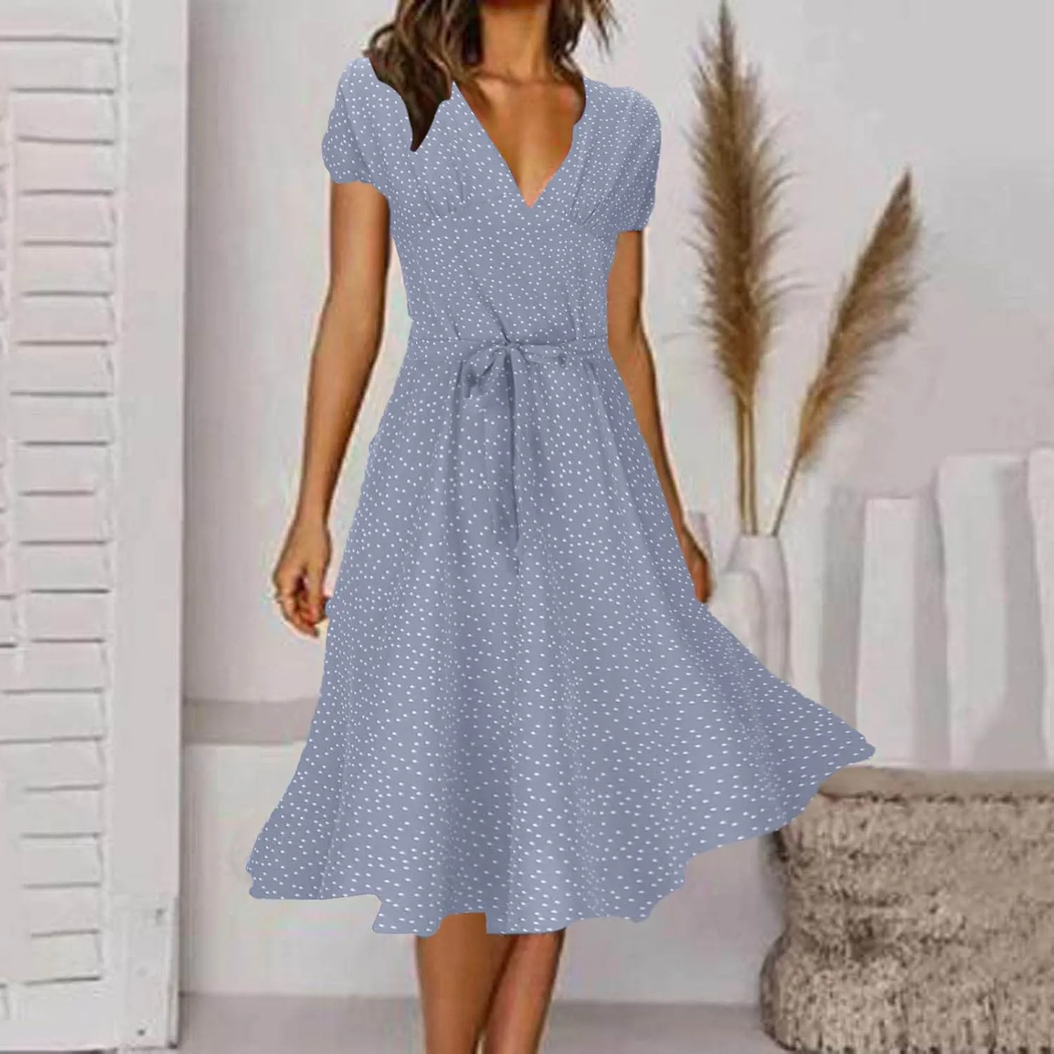 Casual Dresses for Women 2025 Summer Floral Boho Dress Wrap V Neck Short Sleeve Flowy A Line Midi Sundress