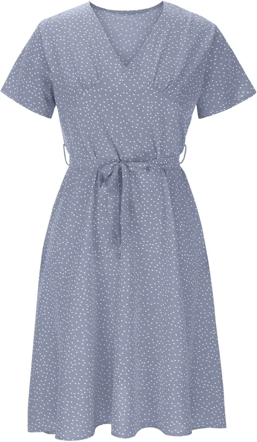 Casual Dresses for Women 2025 Summer Floral Boho Dress Wrap V Neck Short Sleeve Flowy A Line Midi Sundress