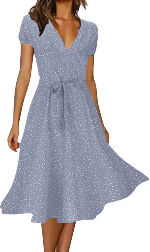 Casual Dresses for Women 2025 Summer Floral Boho Dress Wrap V Neck Short Sleeve Flowy A Line Midi Sundress