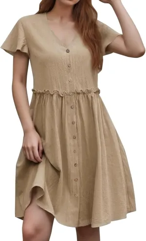 Casual Dresses for Women Comfy Solid Cotton Button V Neck Short Flutter Sleeve Pleated T Shirt Dress Fashion Hawaii Outfits