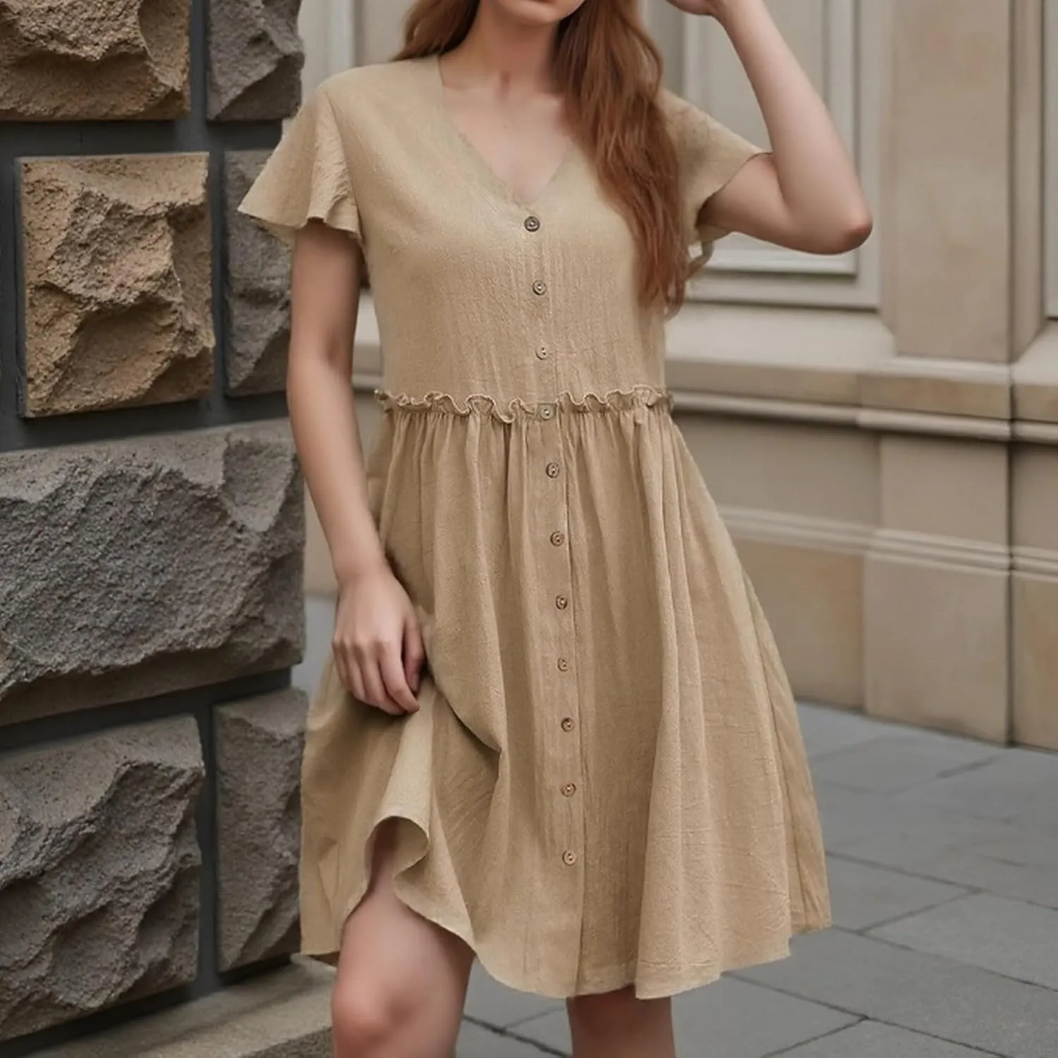 Casual Dresses for Women Comfy Solid Cotton Button V Neck Short Flutter Sleeve Pleated T Shirt Dress Fashion Hawaii Outfits