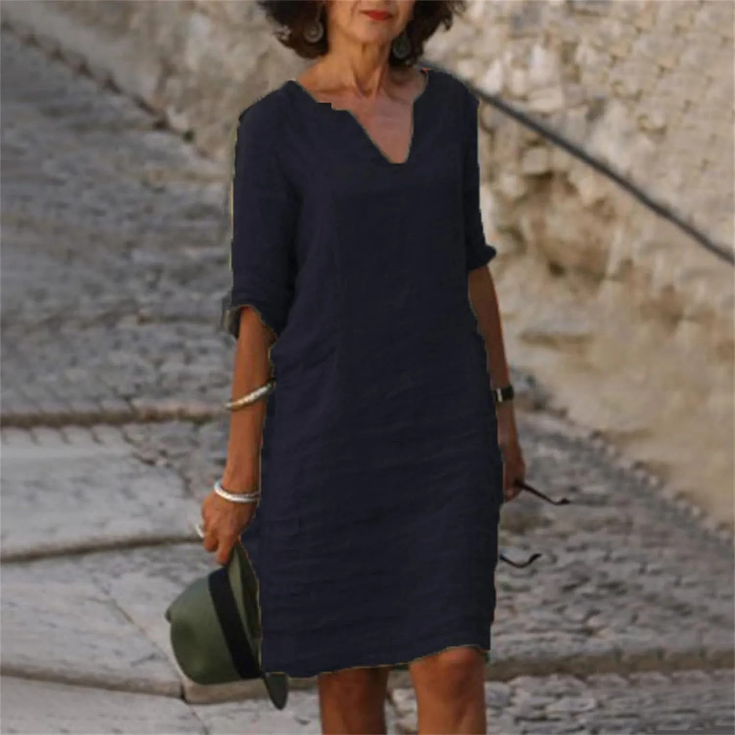 Casual Dresses for Women Cotton Linen V-Neck Half Sleeve Short Summer Dresses Elegant Solid Vintage Womens Dresses