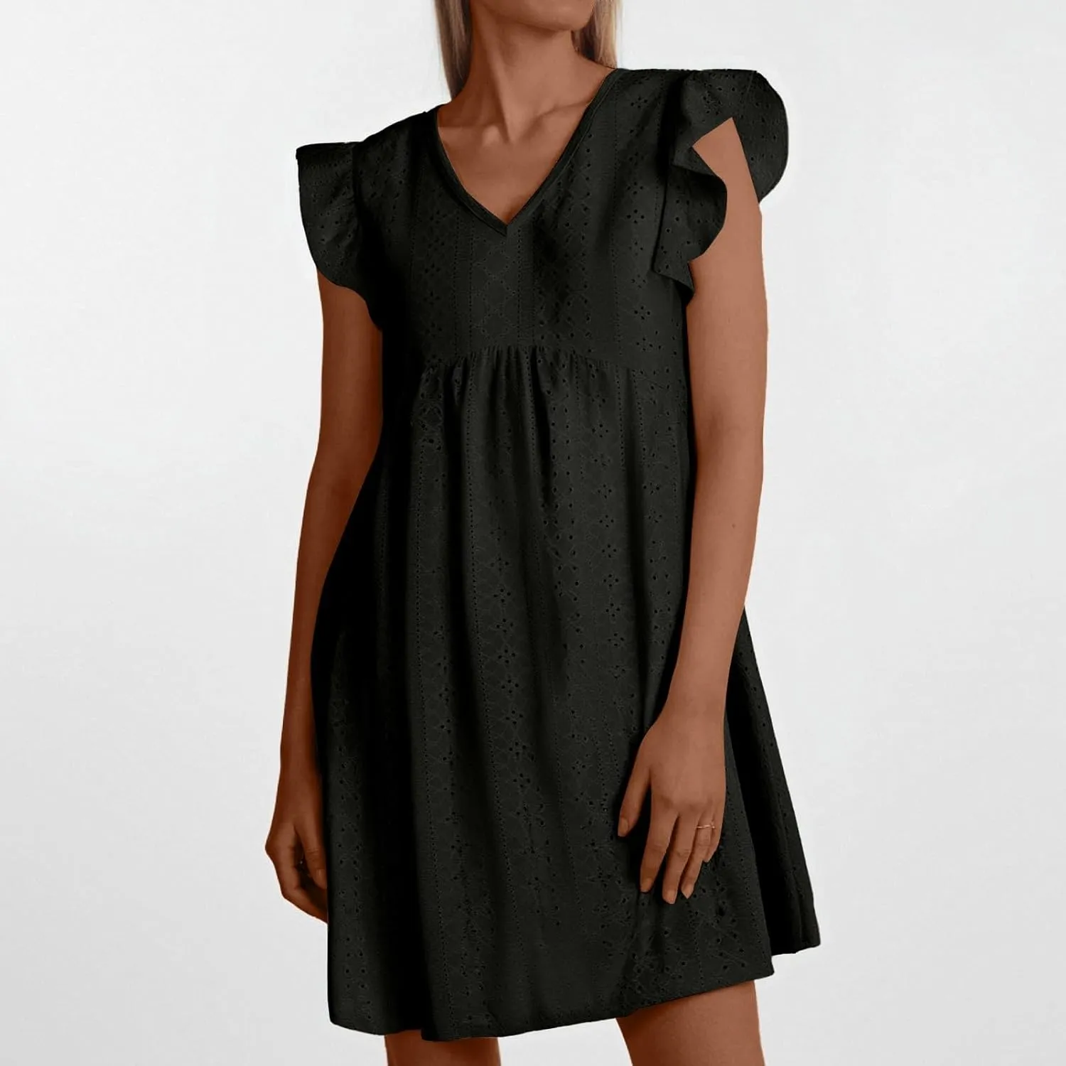 Casual Dresses for Women Ruffle Cap Sleeve Shift Dresses V Neck Short Sleeves Solid Color Flowy Summer Sundresses