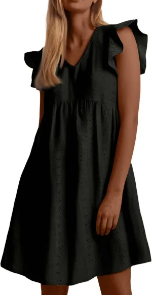 Casual Dresses for Women Ruffle Cap Sleeve Shift Dresses V Neck Short Sleeves Solid Color Flowy Summer Sundresses