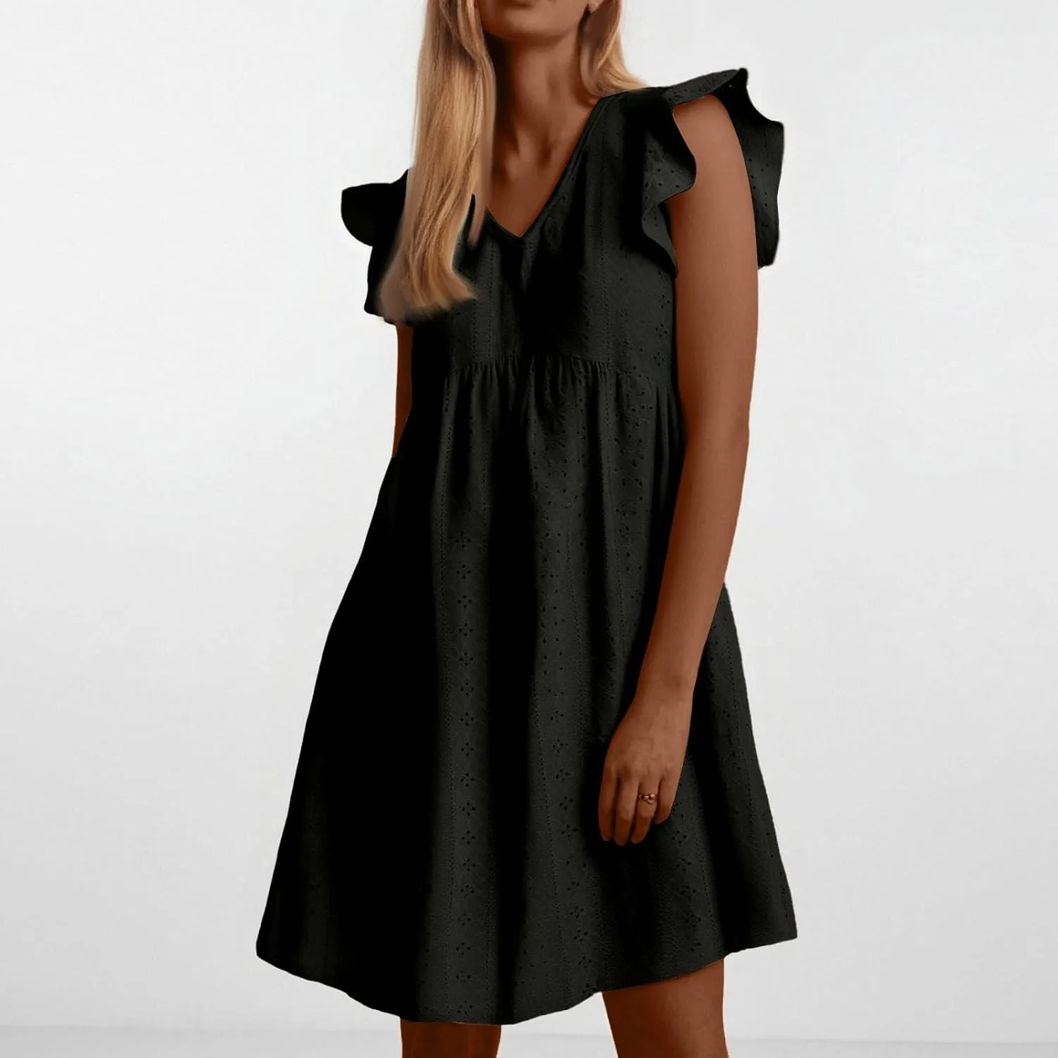 Casual Dresses for Women Ruffle Cap Sleeve Shift Dresses V Neck Short Sleeves Solid Color Flowy Summer Sundresses
