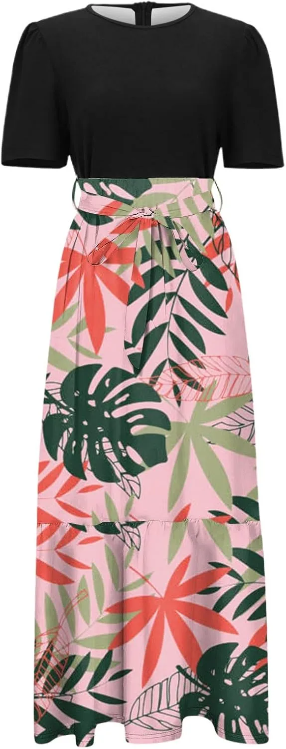 Casual Maxi Dresses for Women 2025 Tie Belted Patchwork Ruffle Hem A Line Boho Dress Short Sleeve Flowy Long Dress