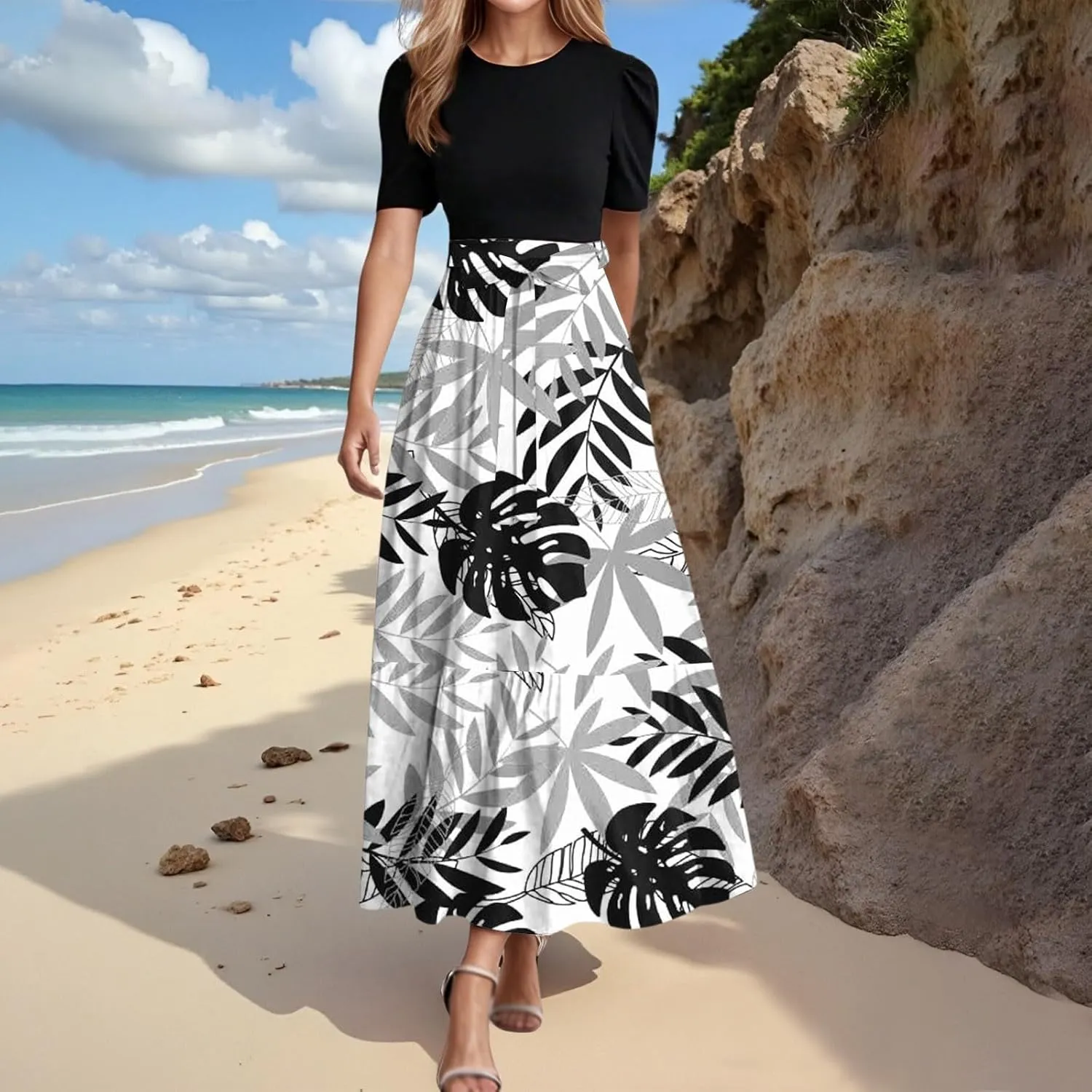 Casual Maxi Dresses for Women 2025 Tie Belted Patchwork Ruffle Hem A Line Boho Dress Short Sleeve Flowy Long Dress