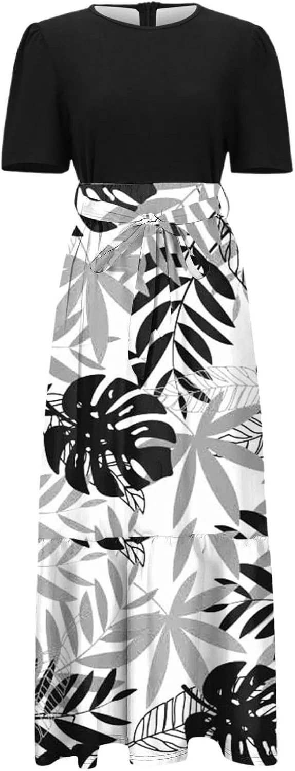 Casual Maxi Dresses for Women 2025 Tie Belted Patchwork Ruffle Hem A Line Boho Dress Short Sleeve Flowy Long Dress