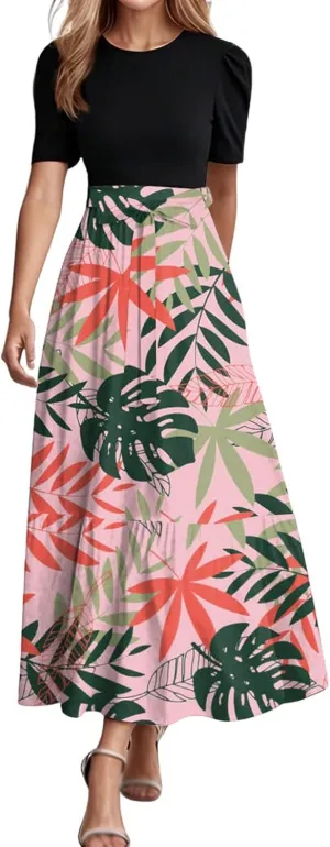 Casual Maxi Dresses for Women 2025 Tie Belted Patchwork Ruffle Hem A Line Boho Dress Short Sleeve Flowy Long Dress