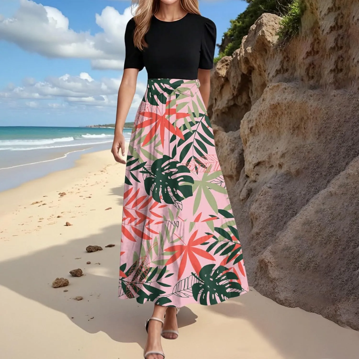 Casual Maxi Dresses for Women 2025 Tie Belted Patchwork Ruffle Hem A Line Boho Dress Short Sleeve Flowy Long Dress