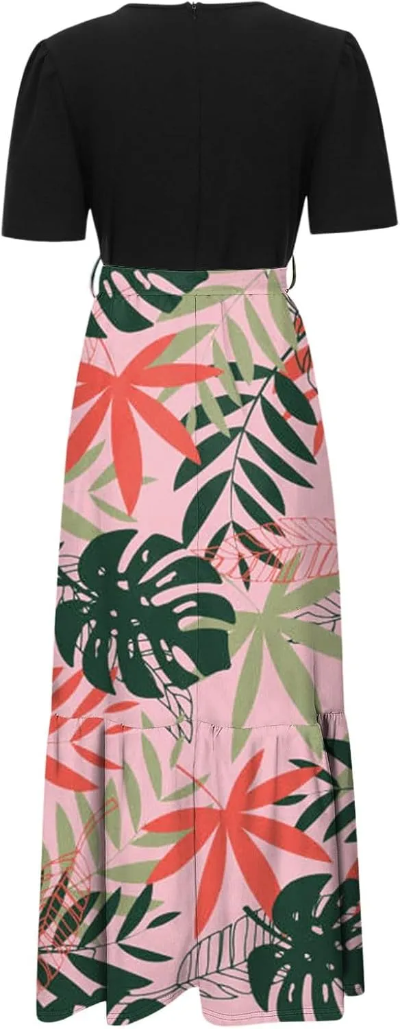 Casual Maxi Dresses for Women 2025 Tie Belted Patchwork Ruffle Hem A Line Boho Dress Short Sleeve Flowy Long Dress