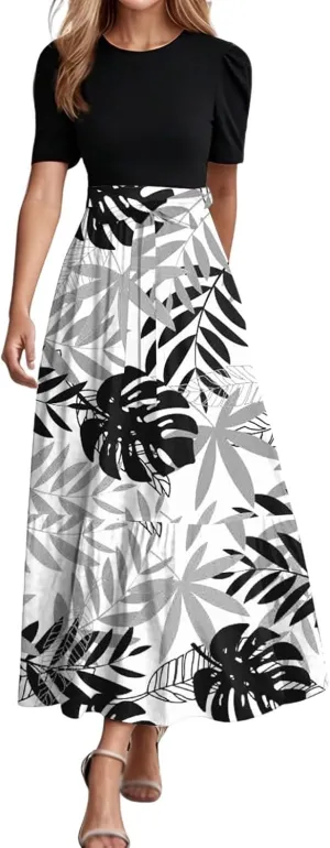 Casual Maxi Dresses for Women 2025 Tie Belted Patchwork Ruffle Hem A Line Boho Dress Short Sleeve Flowy Long Dress