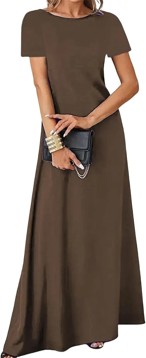 Casual Maxi Dresses for Women Summer Flowy Long Dress Business Short Sleeve Side Slit Dress Loose Plain Comfy Sundress