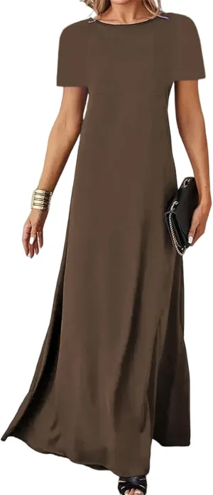 Casual Maxi Dresses for Women Summer Flowy Long Dress Business Short Sleeve Side Slit Dress Loose Plain Comfy Sundress