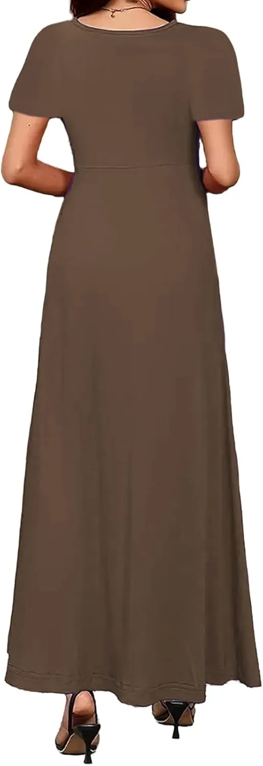 Casual Maxi Dresses for Women Summer Flowy Long Dress Business Short Sleeve Side Slit Dress Loose Plain Comfy Sundress