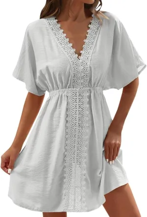 Casual Spring Mini Dress for Women Lace Plunging Patchwork V Neck Long Sleeve Ruffled A Line Beach Tunic Dress