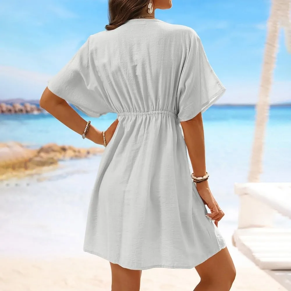 Casual Spring Mini Dress for Women Lace Plunging Patchwork V Neck Long Sleeve Ruffled A Line Beach Tunic Dress
