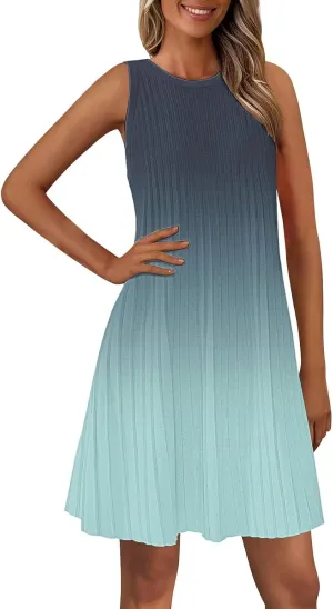 Casual Summer Dresses for Women 2025,Womens Gradient Color Sleeveless Mini Dress Roundneck Baggy Tank A Line Beach Dress
