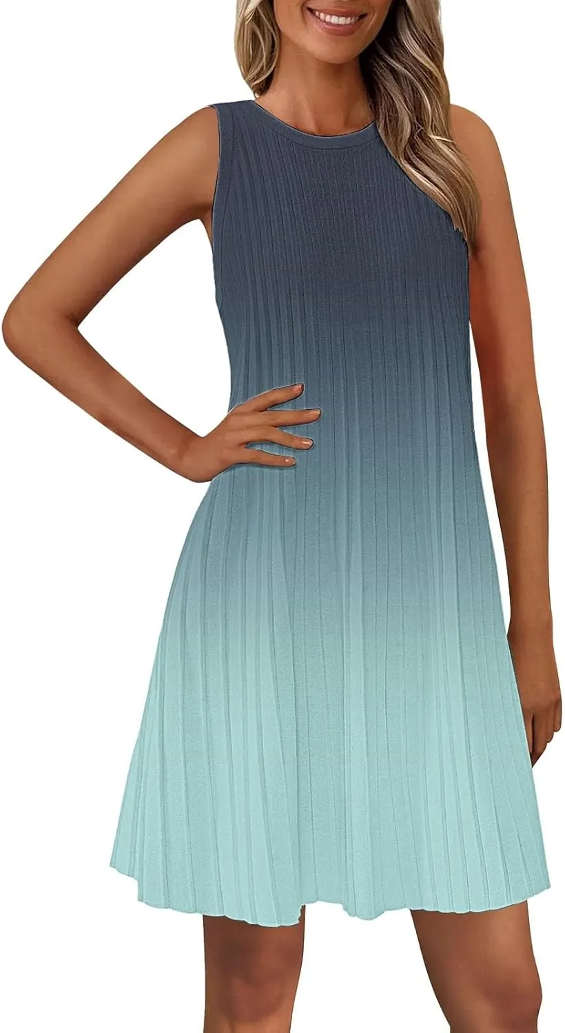 Casual Summer Dresses for Women 2025,Womens Gradient Color Sleeveless Mini Dress Roundneck Baggy Tank A Line Beach Dress