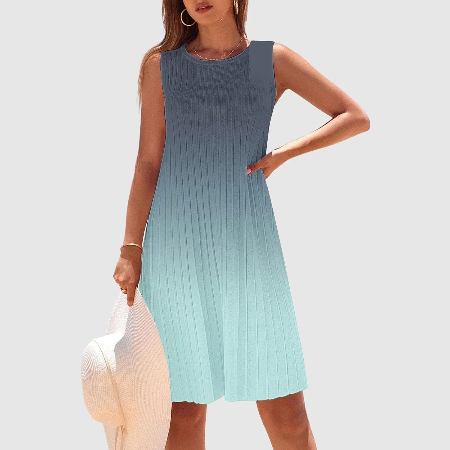 Casual Summer Dresses for Women 2025,Womens Gradient Color Sleeveless Mini Dress Roundneck Baggy Tank A Line Beach Dress