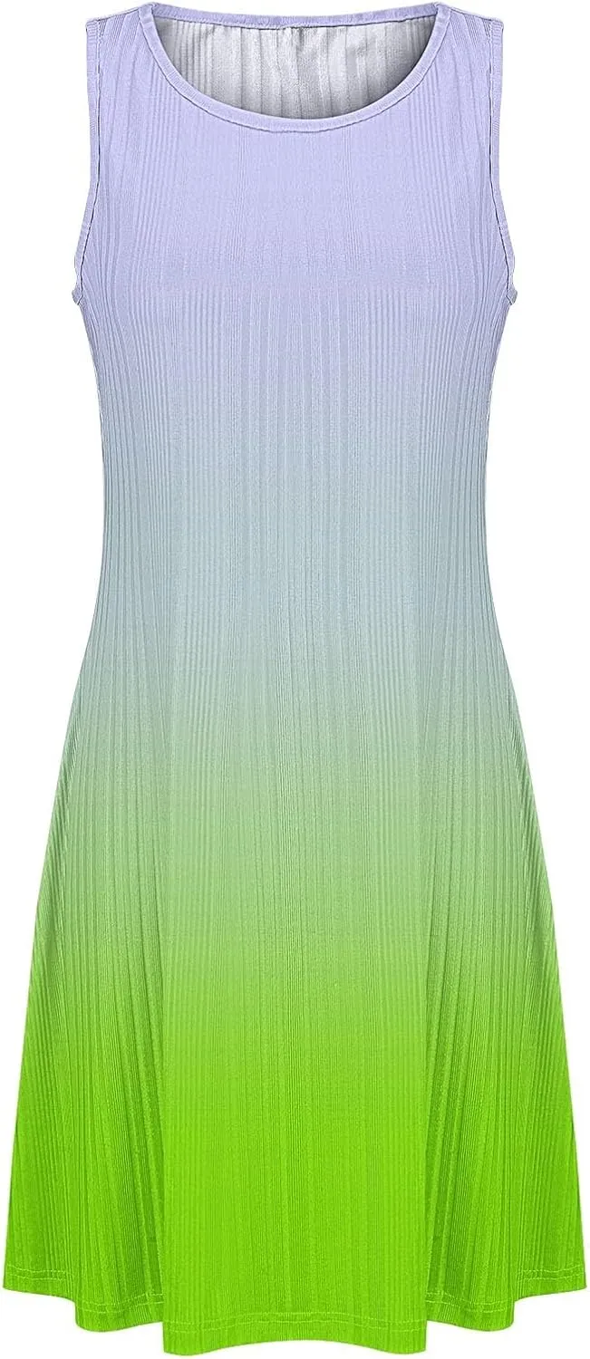 Casual Summer Dresses for Women 2025,Womens Gradient Color Sleeveless Mini Dress Roundneck Baggy Tank A Line Beach Dress