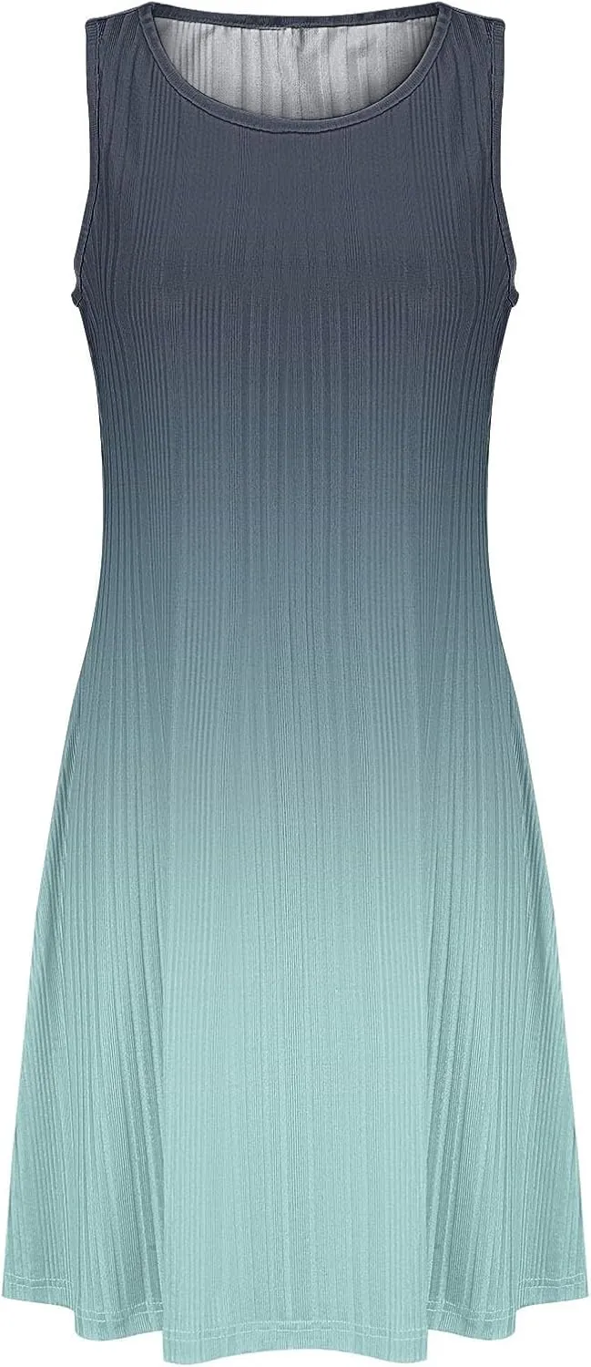 Casual Summer Dresses for Women 2025,Womens Gradient Color Sleeveless Mini Dress Roundneck Baggy Tank A Line Beach Dress