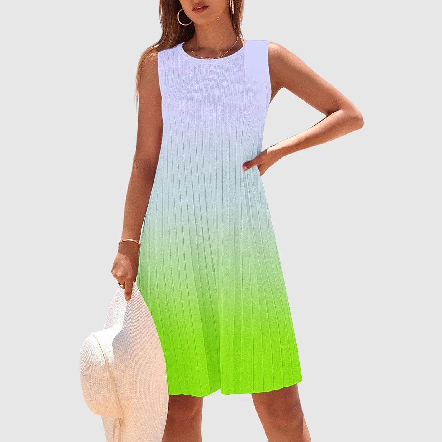 Casual Summer Dresses for Women 2025,Womens Gradient Color Sleeveless Mini Dress Roundneck Baggy Tank A Line Beach Dress
