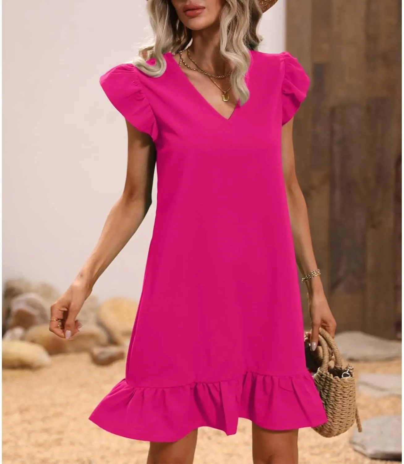 Casual Summer Dresses for Women 2025,Womens Solid Colort V Neck Trendy Dresses Cap Sleeves Ruffle Hem Smock Short Dress
