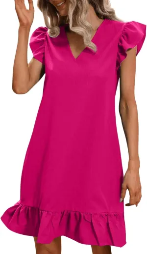 Casual Summer Dresses for Women 2025,Womens Solid Colort V Neck Trendy Dresses Cap Sleeves Ruffle Hem Smock Short Dress