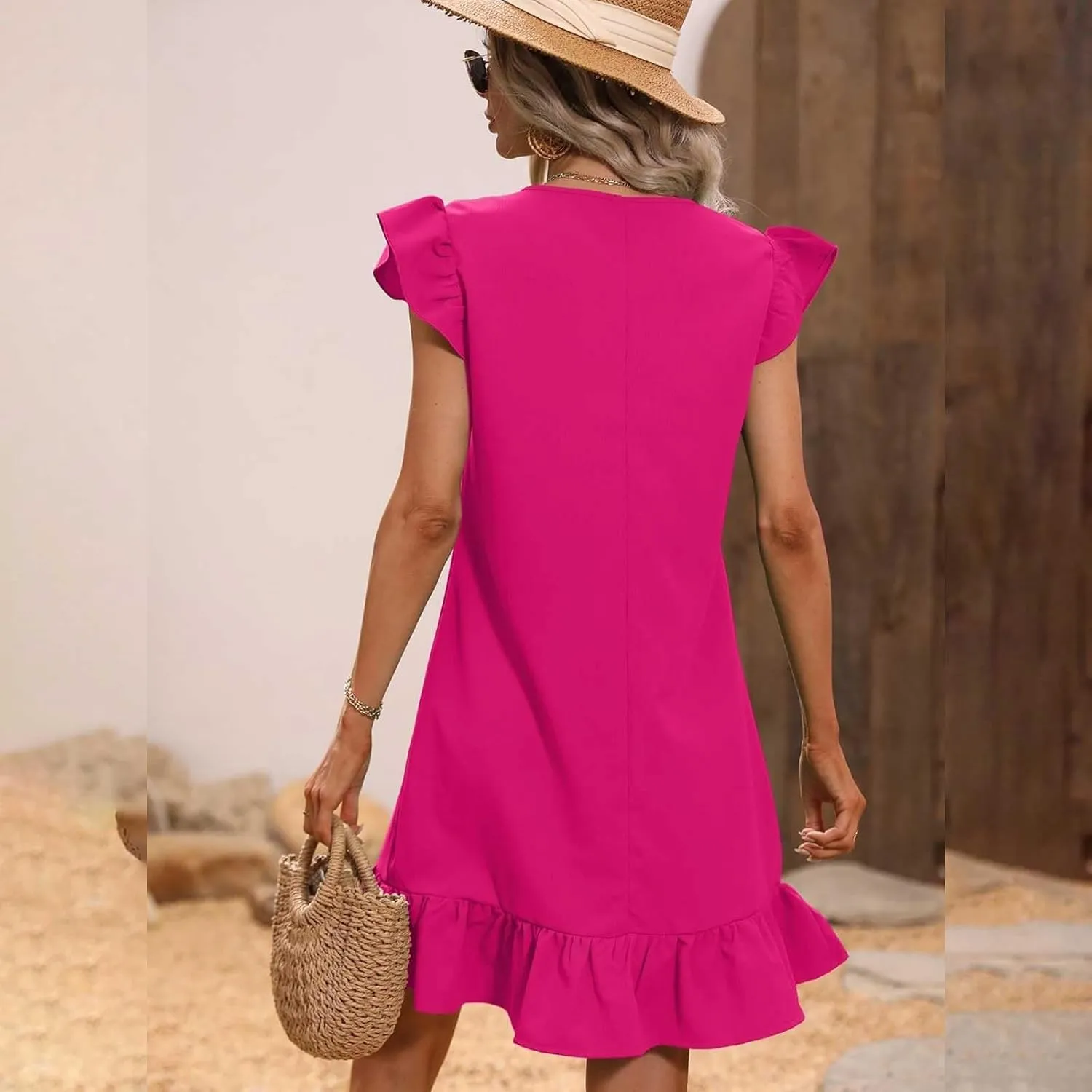 Casual Summer Dresses for Women 2025,Womens Solid Colort V Neck Trendy Dresses Cap Sleeves Ruffle Hem Smock Short Dress