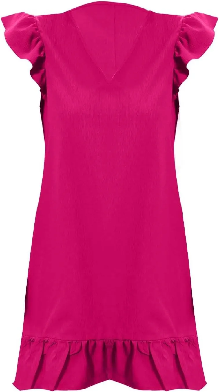 Casual Summer Dresses for Women 2025,Womens Solid Colort V Neck Trendy Dresses Cap Sleeves Ruffle Hem Smock Short Dress