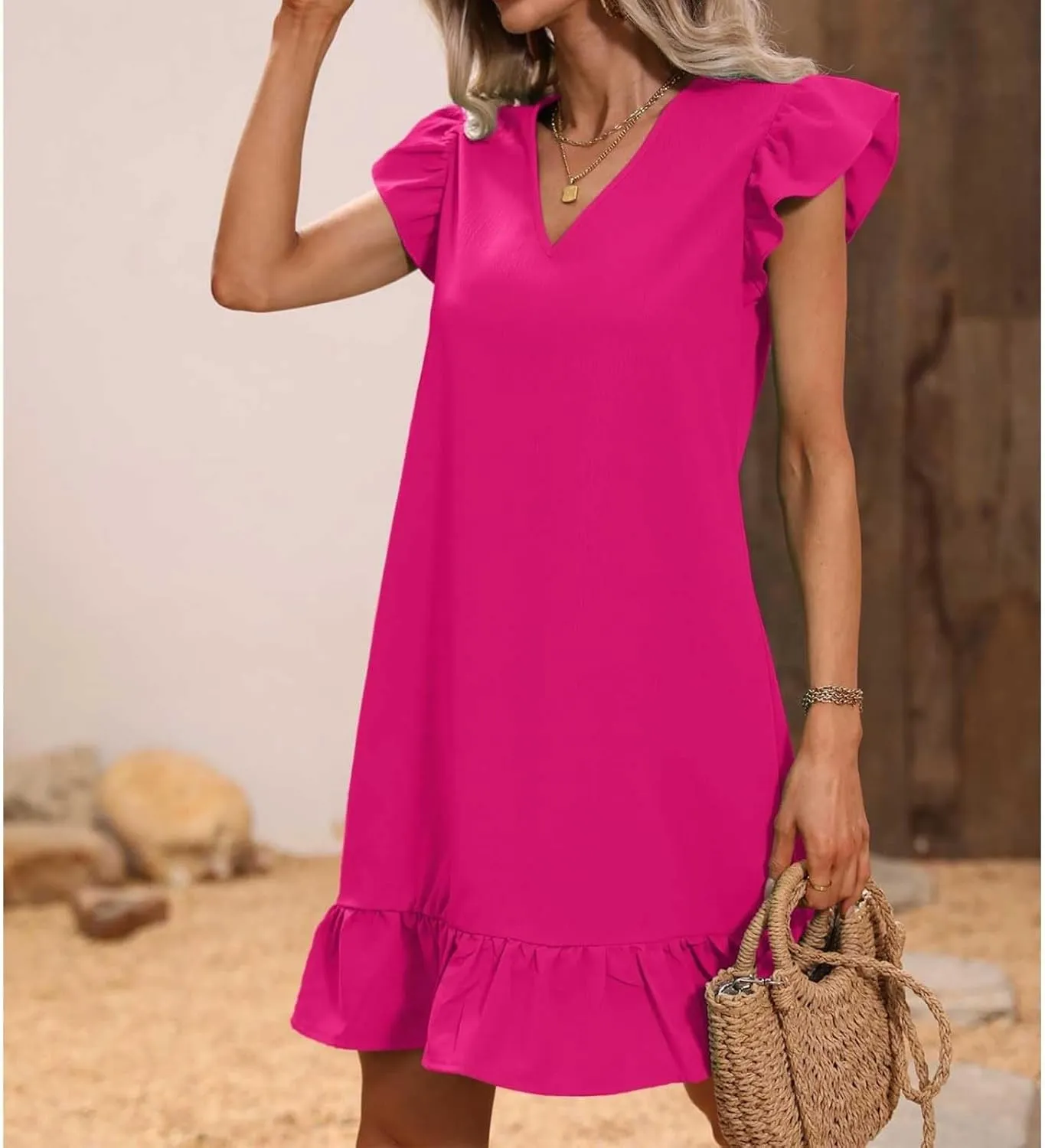 Casual Summer Dresses for Women 2025,Womens Solid Colort V Neck Trendy Dresses Cap Sleeves Ruffle Hem Smock Short Dress