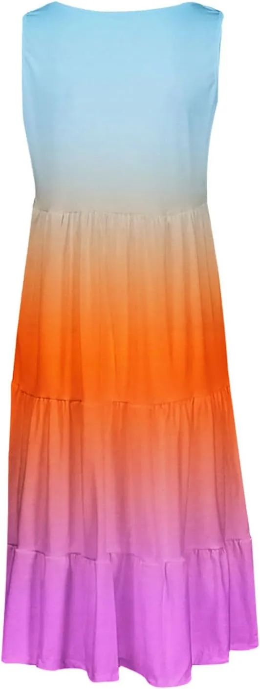 Casual Summer Dresses for Women Loose Sleeveless Crew Neck Gradient Color Dress Fashion Pleated Beach Sundress