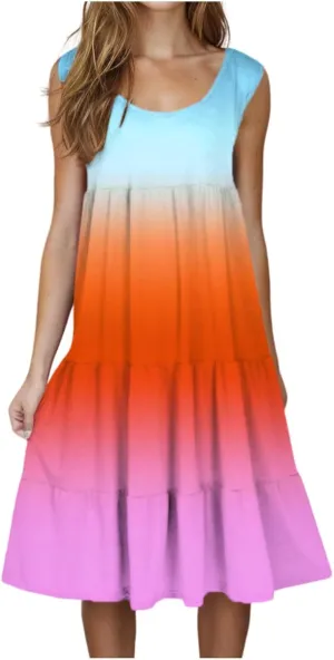 Casual Summer Dresses for Women Loose Sleeveless Crew Neck Gradient Color Dress Fashion Pleated Beach Sundress