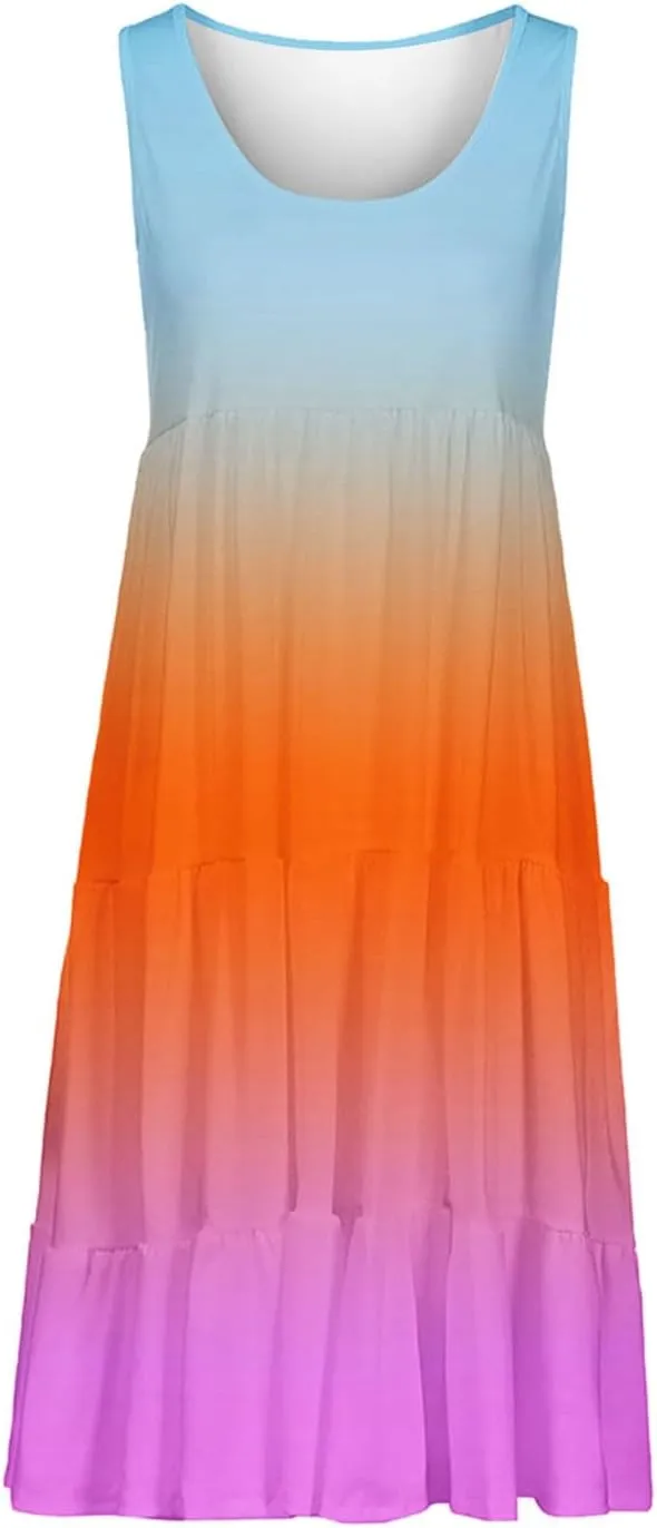 Casual Summer Dresses for Women Loose Sleeveless Crew Neck Gradient Color Dress Fashion Pleated Beach Sundress