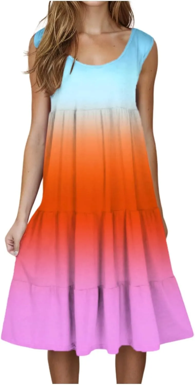 Casual Summer Dresses for Women Loose Sleeveless Crew Neck Gradient Color Dress Fashion Pleated Beach Sundress