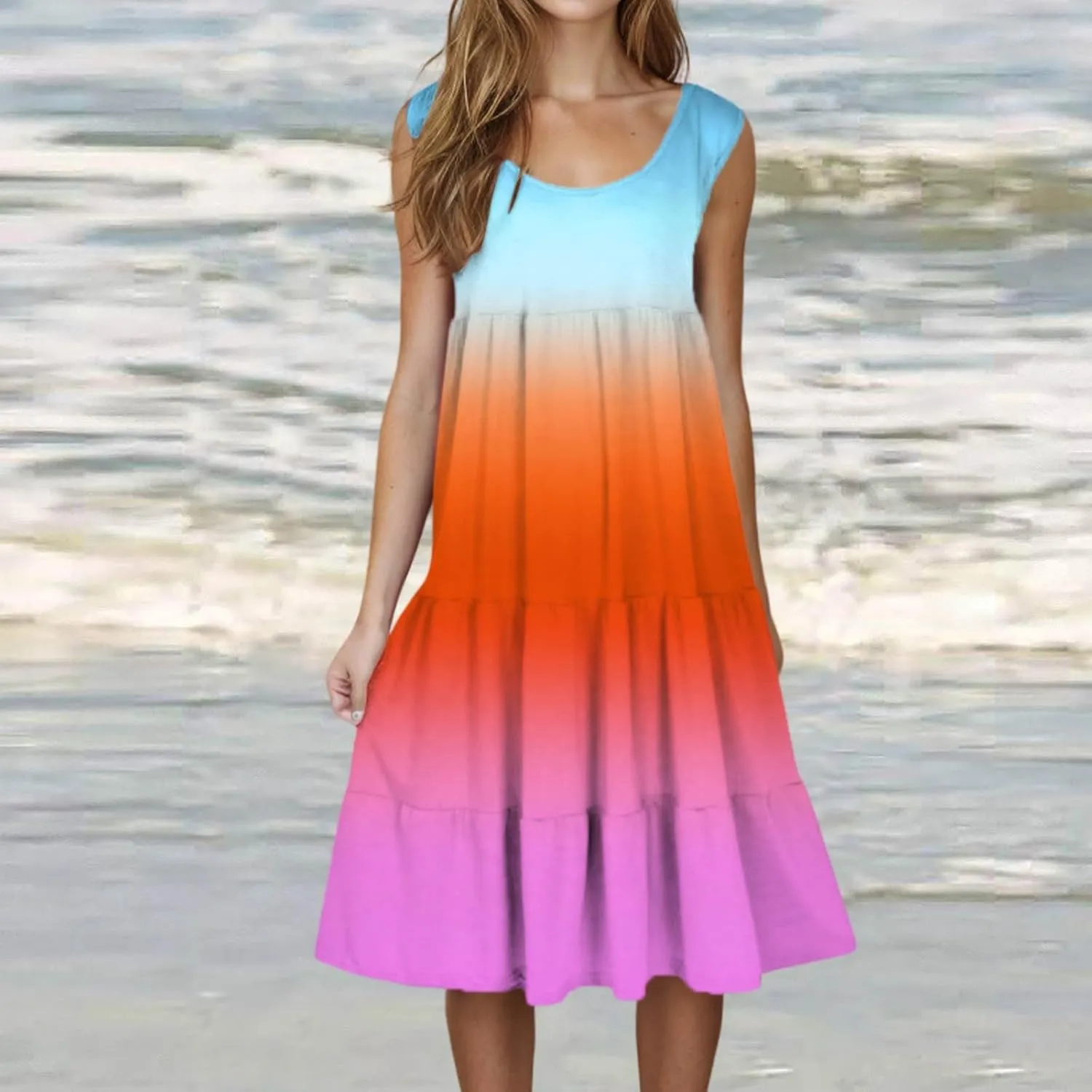 Casual Summer Dresses for Women Loose Sleeveless Crew Neck Gradient Color Dress Fashion Pleated Beach Sundress