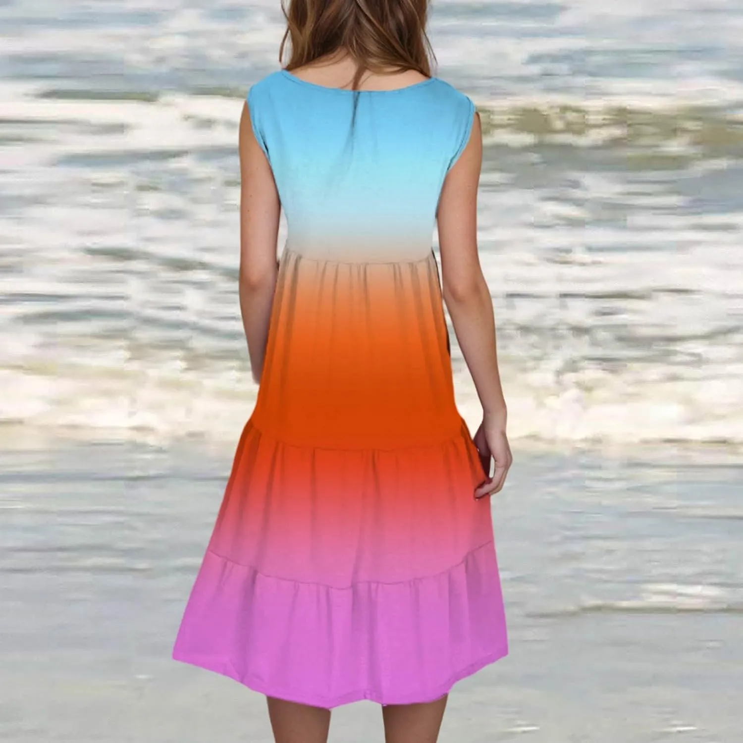 Casual Summer Dresses for Women Loose Sleeveless Crew Neck Gradient Color Dress Fashion Pleated Beach Sundress