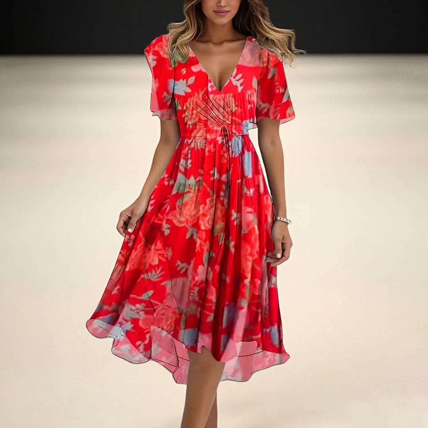 Chiffon Dresses for Women Elegant V Neck Belted Summer Flowy Boho Midi Dresses Wrap Wedding Guest Floral Sundress 2025