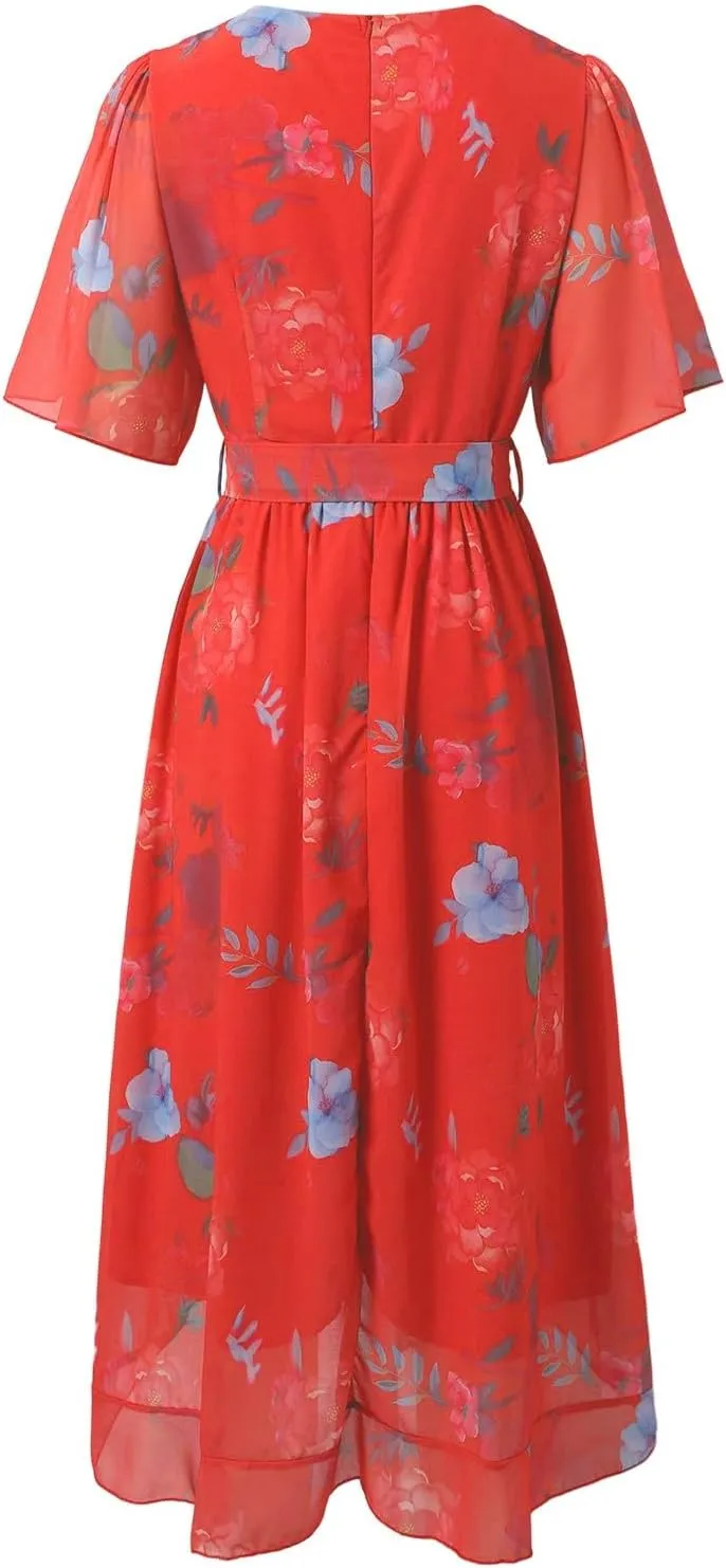 Chiffon Dresses for Women Elegant V Neck Belted Summer Flowy Boho Midi Dresses Wrap Wedding Guest Floral Sundress 2025