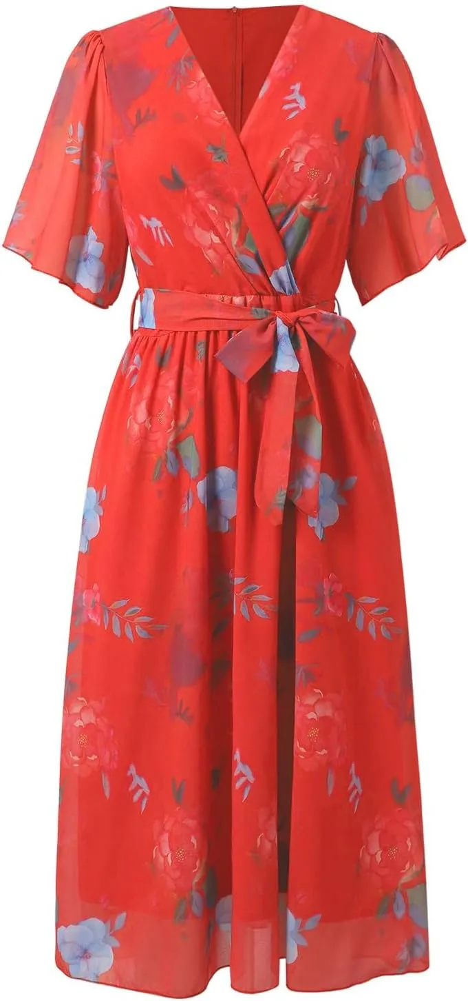 Chiffon Dresses for Women Elegant V Neck Belted Summer Flowy Boho Midi Dresses Wrap Wedding Guest Floral Sundress 2025