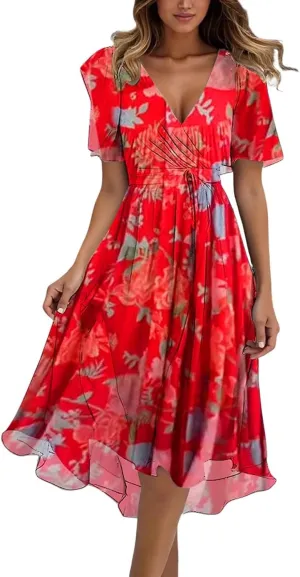 Chiffon Dresses for Women Elegant V Neck Belted Summer Flowy Boho Midi Dresses Wrap Wedding Guest Floral Sundress 2025