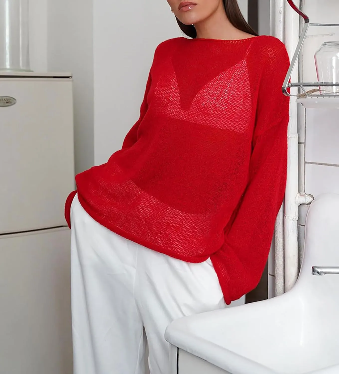 Cioatin Women Oversized Long Sleeve Sheer Mesh Knit Sweater Tops Y2K Summer Loose Hollow Out Pullover Jumper Shirt Beach