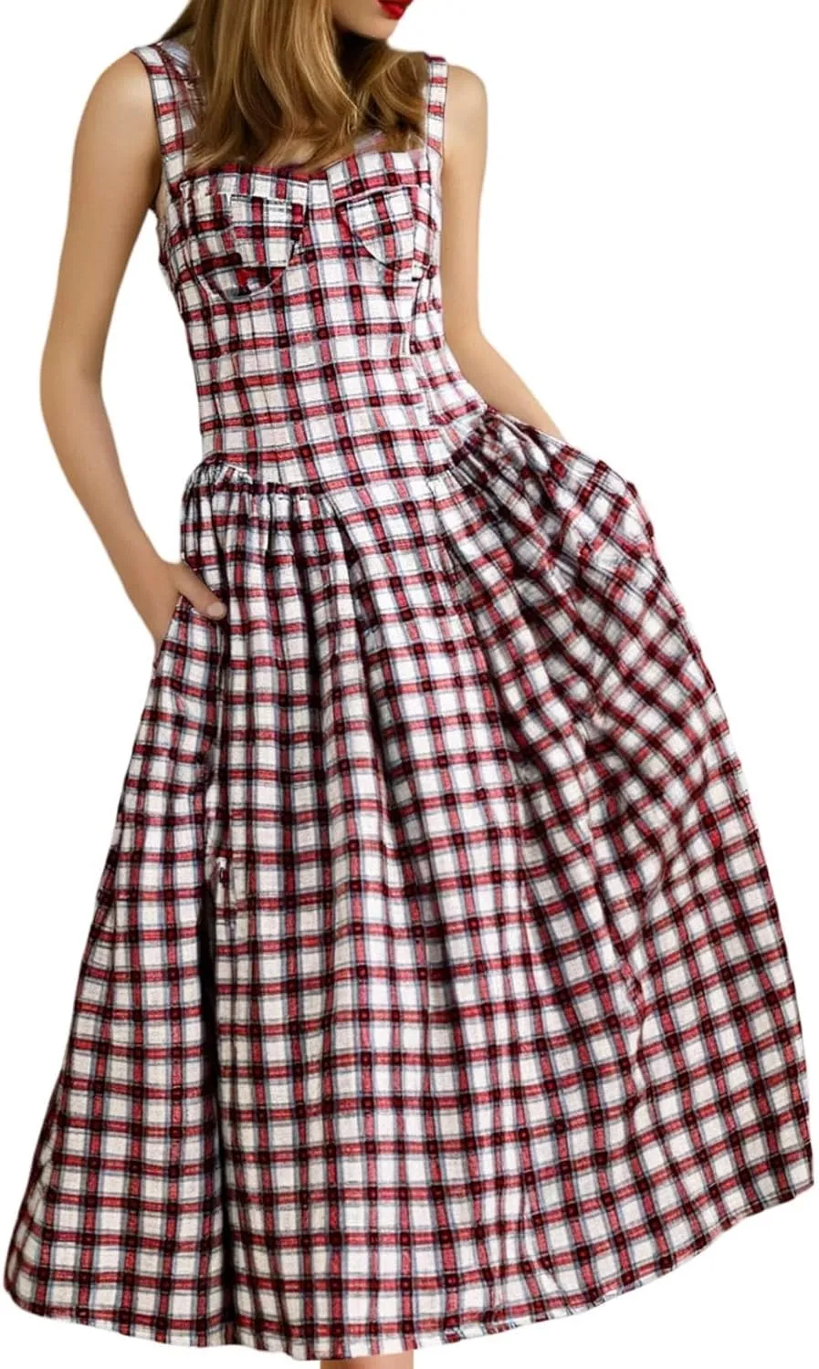 Cocktail Party Dresses for Women Fashion Plaid Empire Waist Pleated Flowy Swing Preppy Dress Club Sundresses for Girls