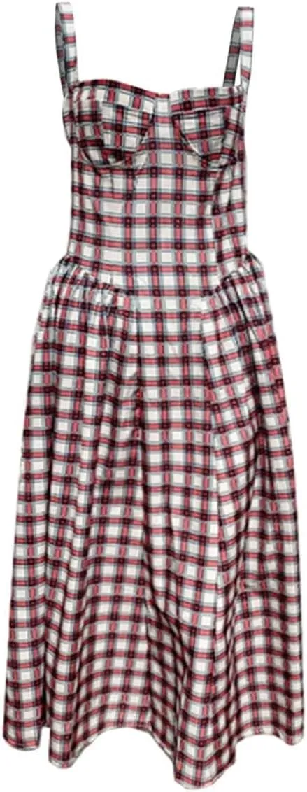 Cocktail Party Dresses for Women Fashion Plaid Empire Waist Pleated Flowy Swing Preppy Dress Club Sundresses for Girls