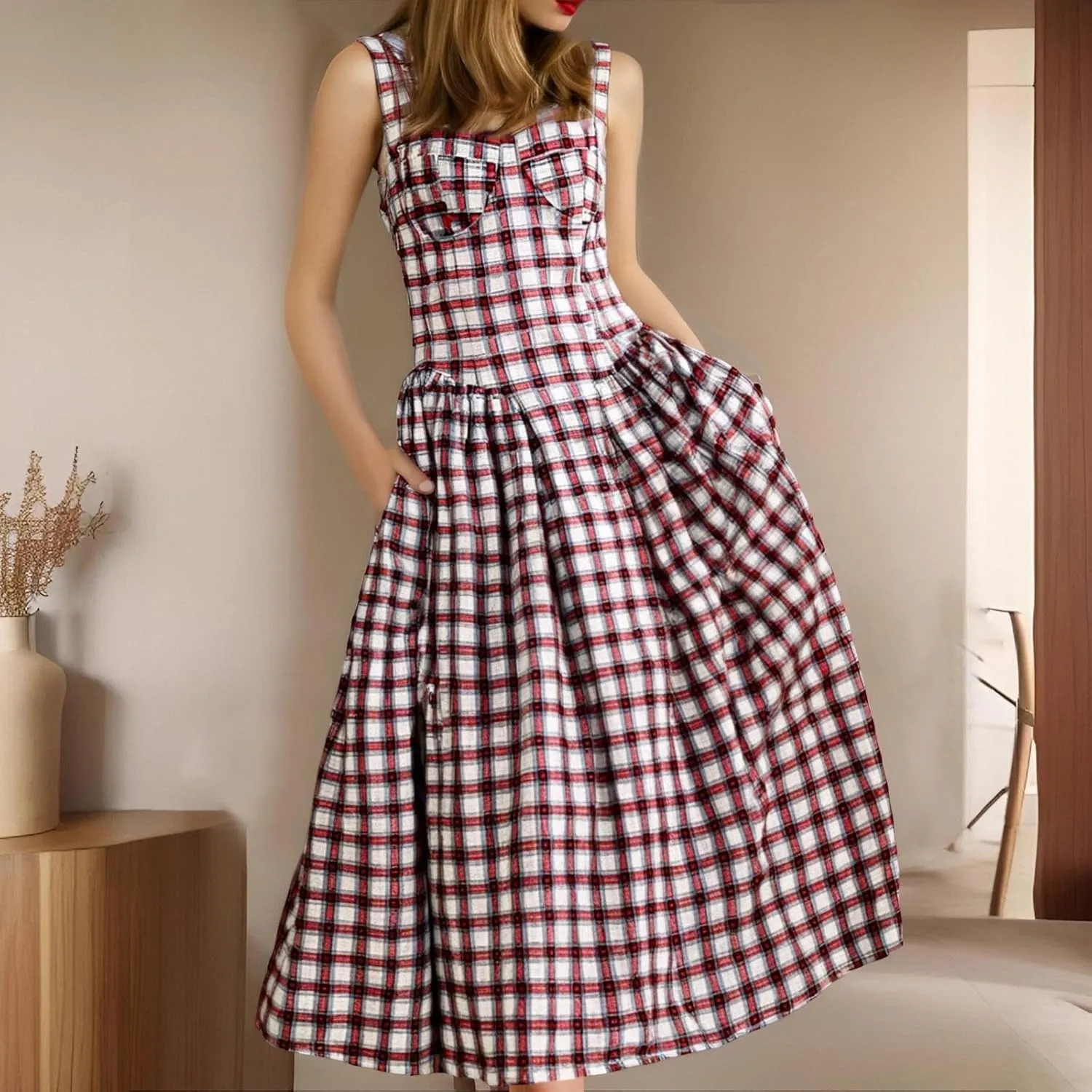 Cocktail Party Dresses for Women Fashion Plaid Empire Waist Pleated Flowy Swing Preppy Dress Club Sundresses for Girls