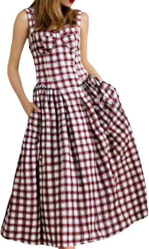 Cocktail Party Dresses for Women Fashion Plaid Empire Waist Pleated Flowy Swing Preppy Dress Club Sundresses for Girls
